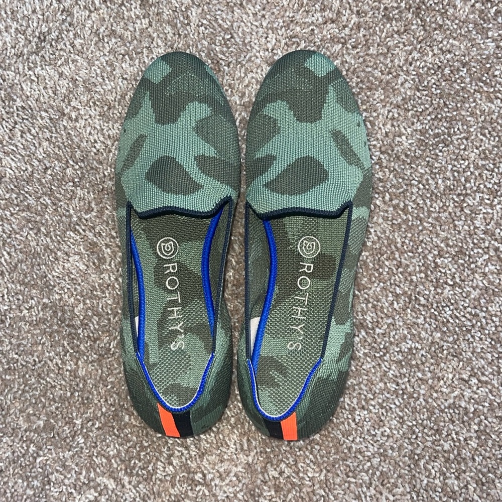 Rothy's Green Camo Flats with Blue Trim and Orange Heel Tab